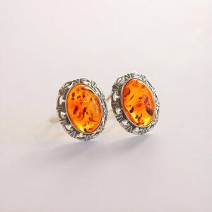 Baltic Amber Oval Clip On Earrings - Sterling Silver
